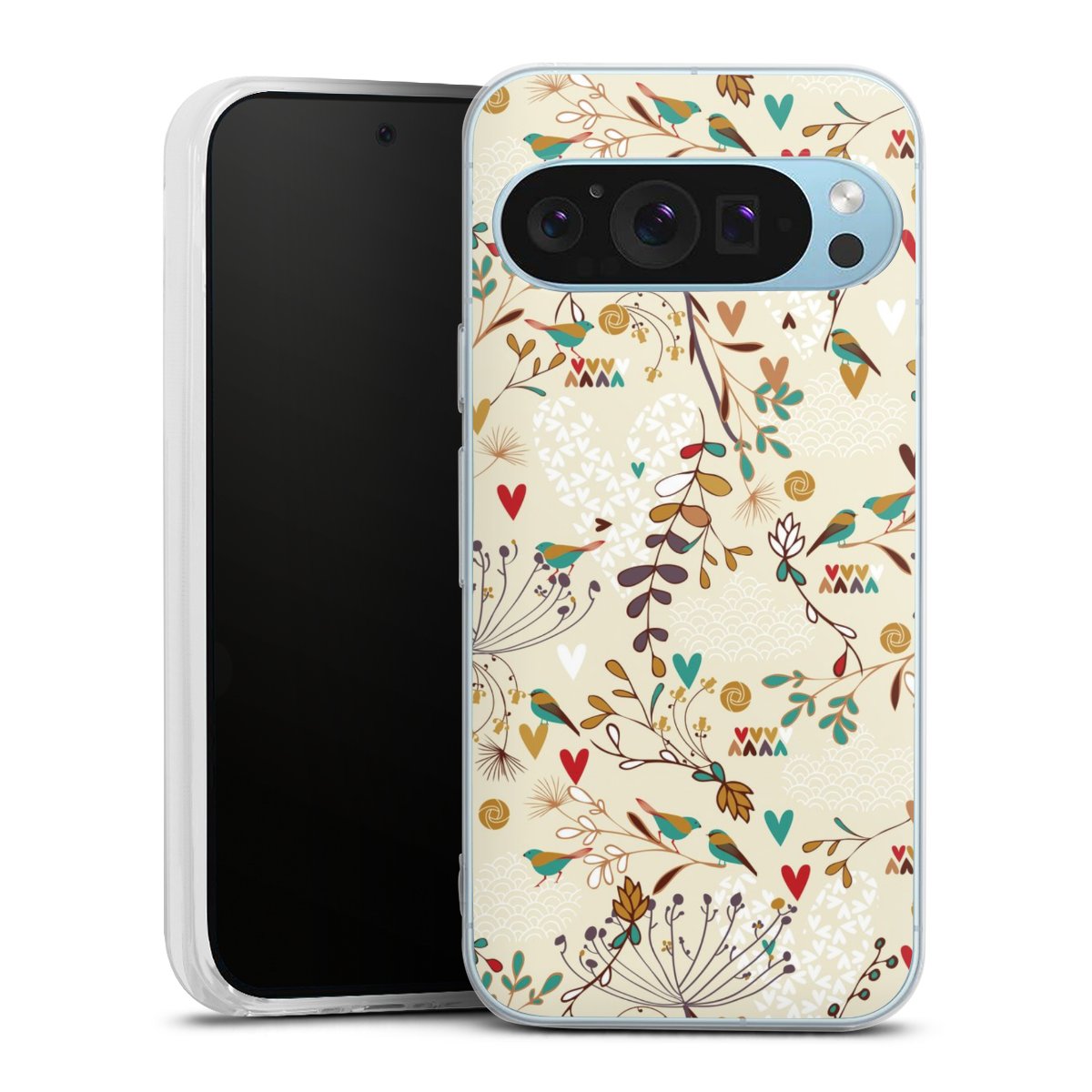 Google Pixel 9 Handy Silikon Hülle Case transparent Handyhülle Bird Flowers Retro Silikon Case