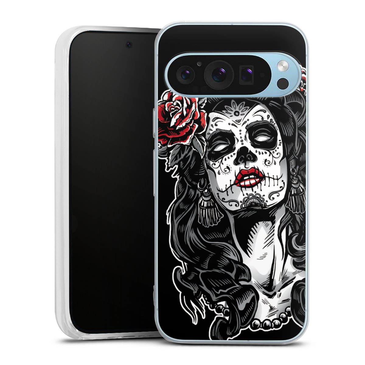 Google Pixel 9 Handy Silikon Hülle Case transparent Handyhülle Totenkopf Día De Los Muertos Rock 'N' Roll Silikon Case