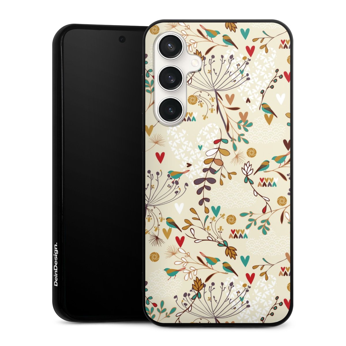 Galaxy S23 FE Handy Silikon Hülle Case schwarz Handyhülle Bird Flowers Retro