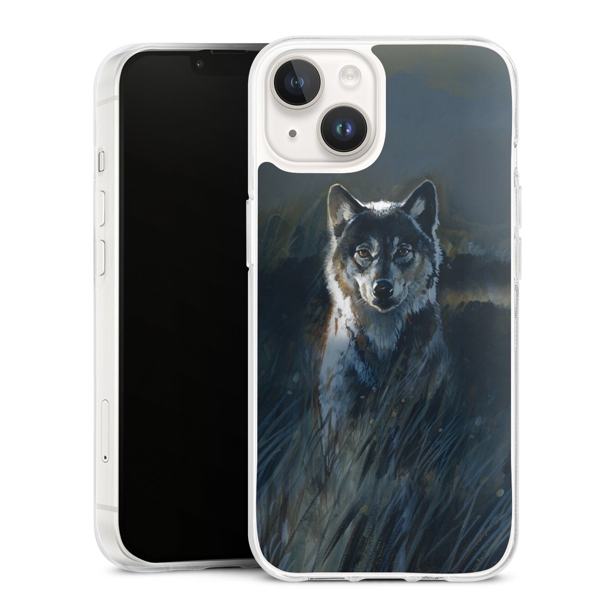 iPhone 14 Handy Silikon Hülle Case transparent Handyhülle Nature Wolf Painting Silikon Case