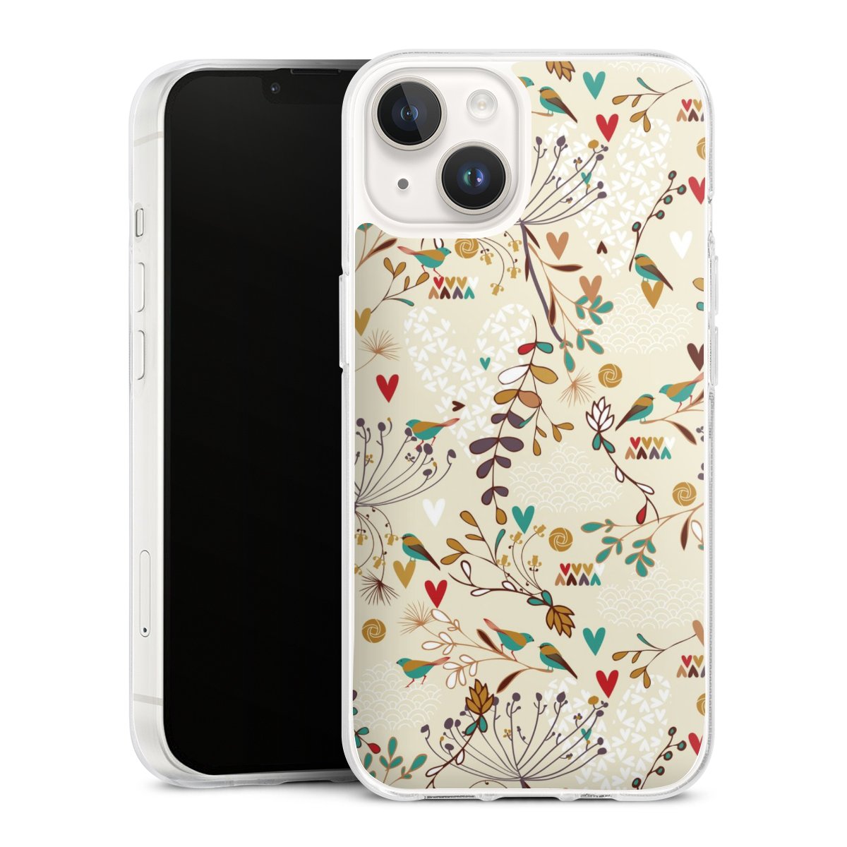 iPhone 14 Handy Silikon Hülle Case transparent Handyhülle Bird Flowers Retro Silikon Case