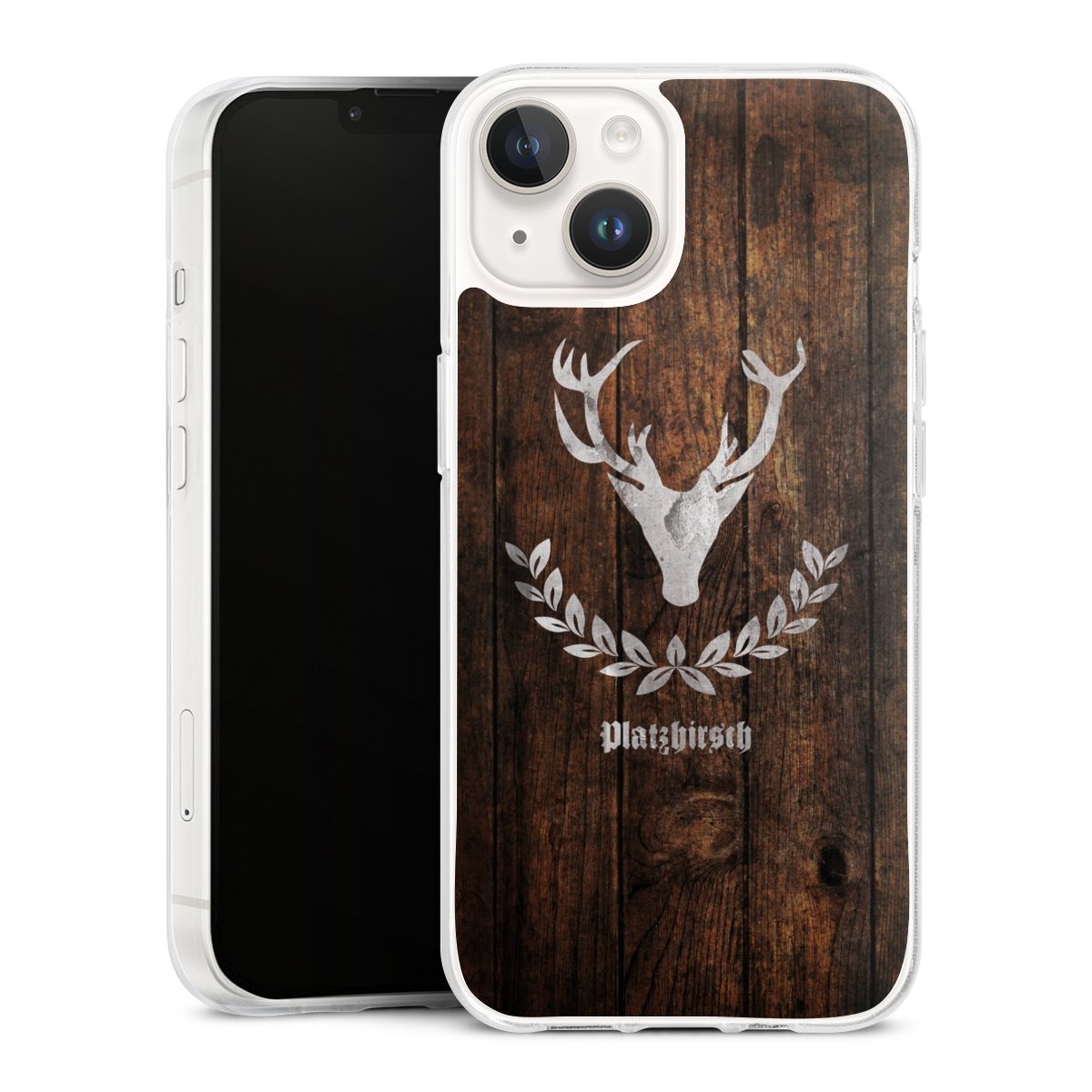 iPhone 14 Handy Silikon Hülle Case transparent Handyhülle Deer Wood Wooden Look Silikon Case