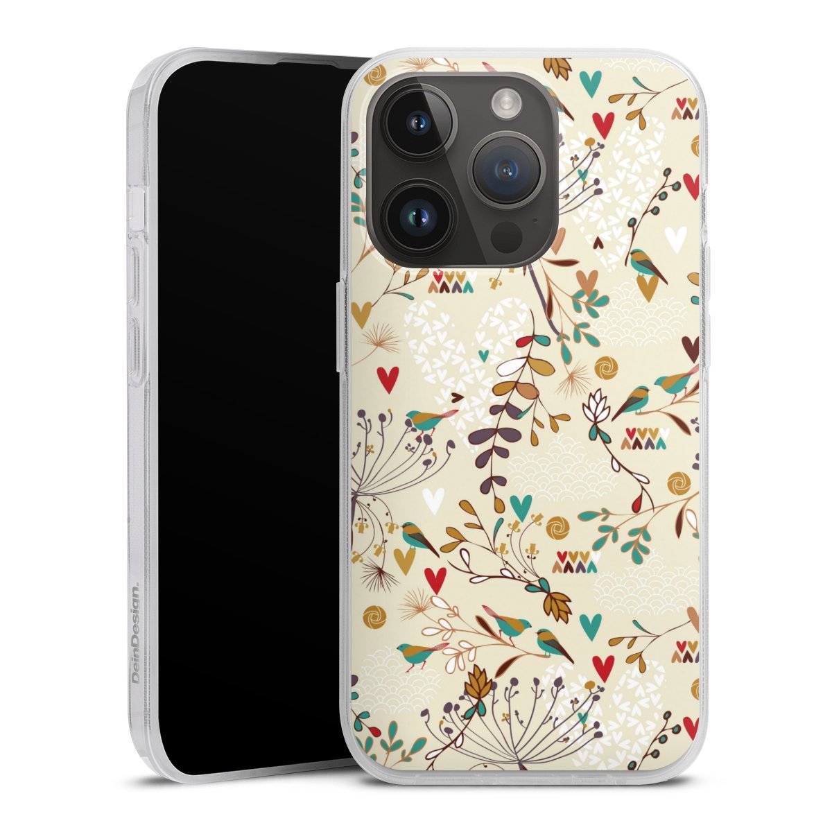 iPhone 14 Pro Handy Silikon Hülle Case transparent Handyhülle Bird Flowers Retro Silikon Case