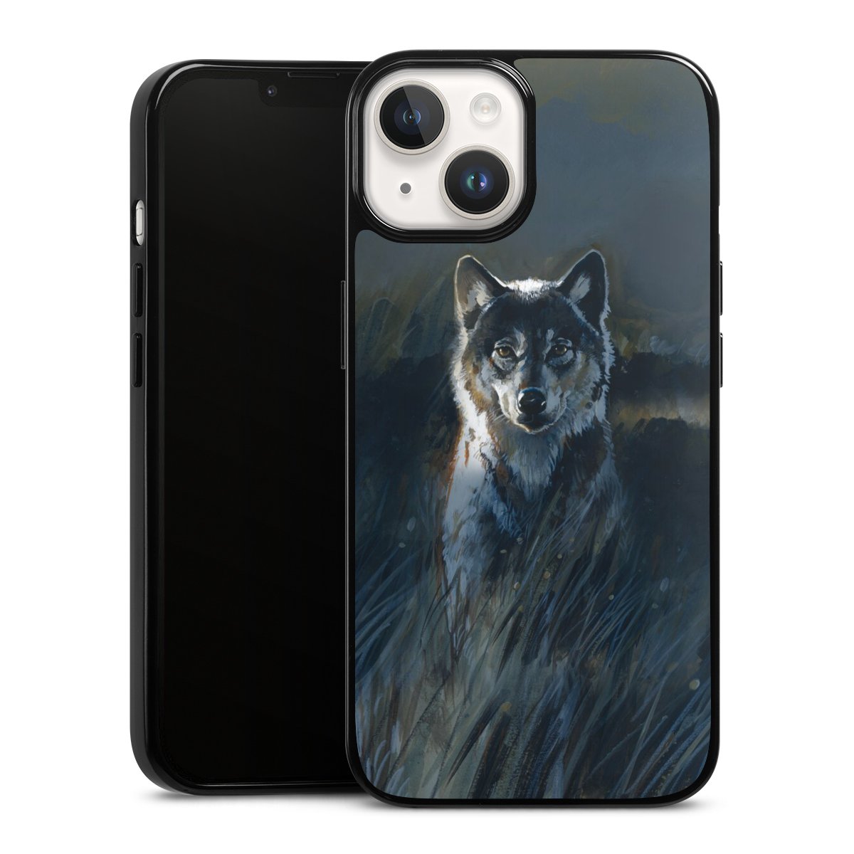 iPhone 14 Handy Silikon Hülle Case schwarz Handyhülle Nature Wolf Painting