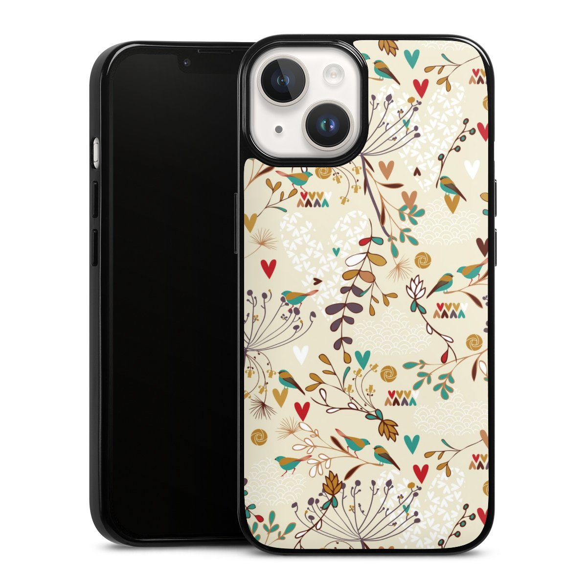 iPhone 14 Handy Silikon Hülle Case schwarz Handyhülle Bird Flowers Retro