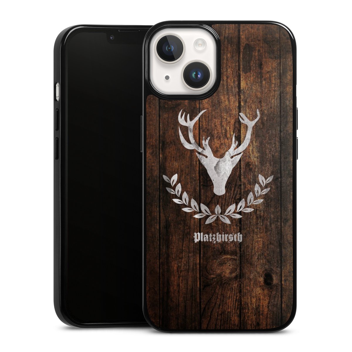 iPhone 14 Handy Silikon Hülle Case schwarz Handyhülle Deer Wood Wooden Look