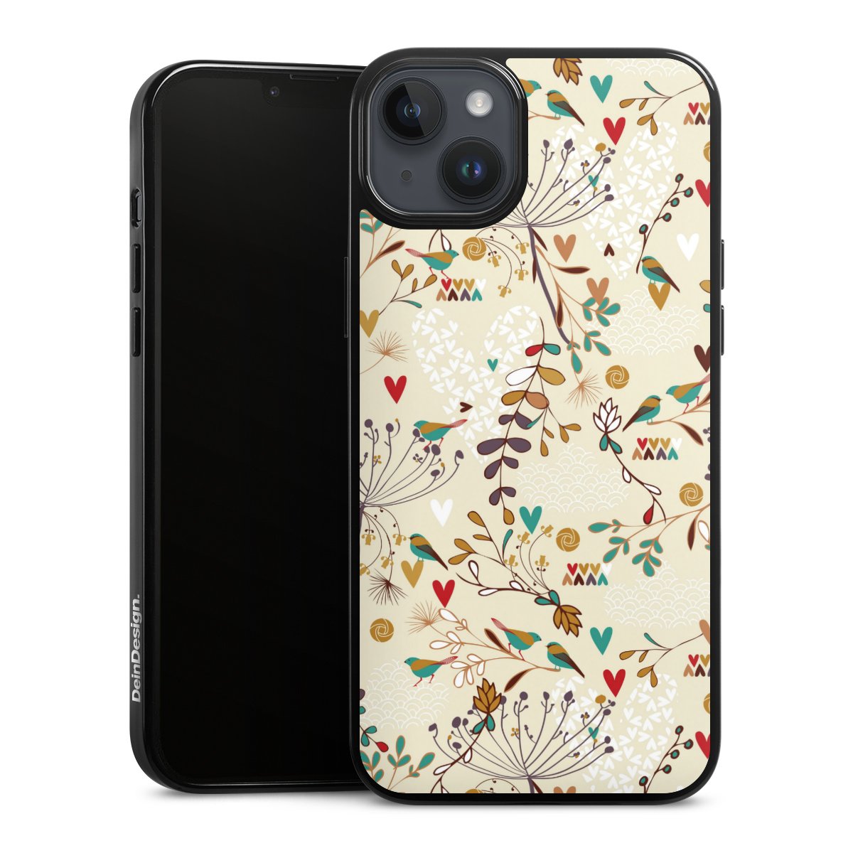 iPhone 14 Plus Handy Silikon Hülle Case schwarz Handyhülle Bird Flowers Retro