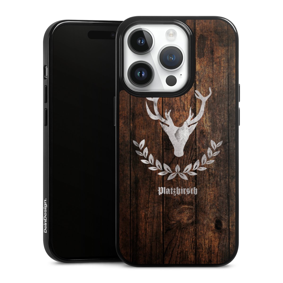 iPhone 14 Pro Handy Silikon Hülle Case schwarz Handyhülle Deer Wood Wooden Look