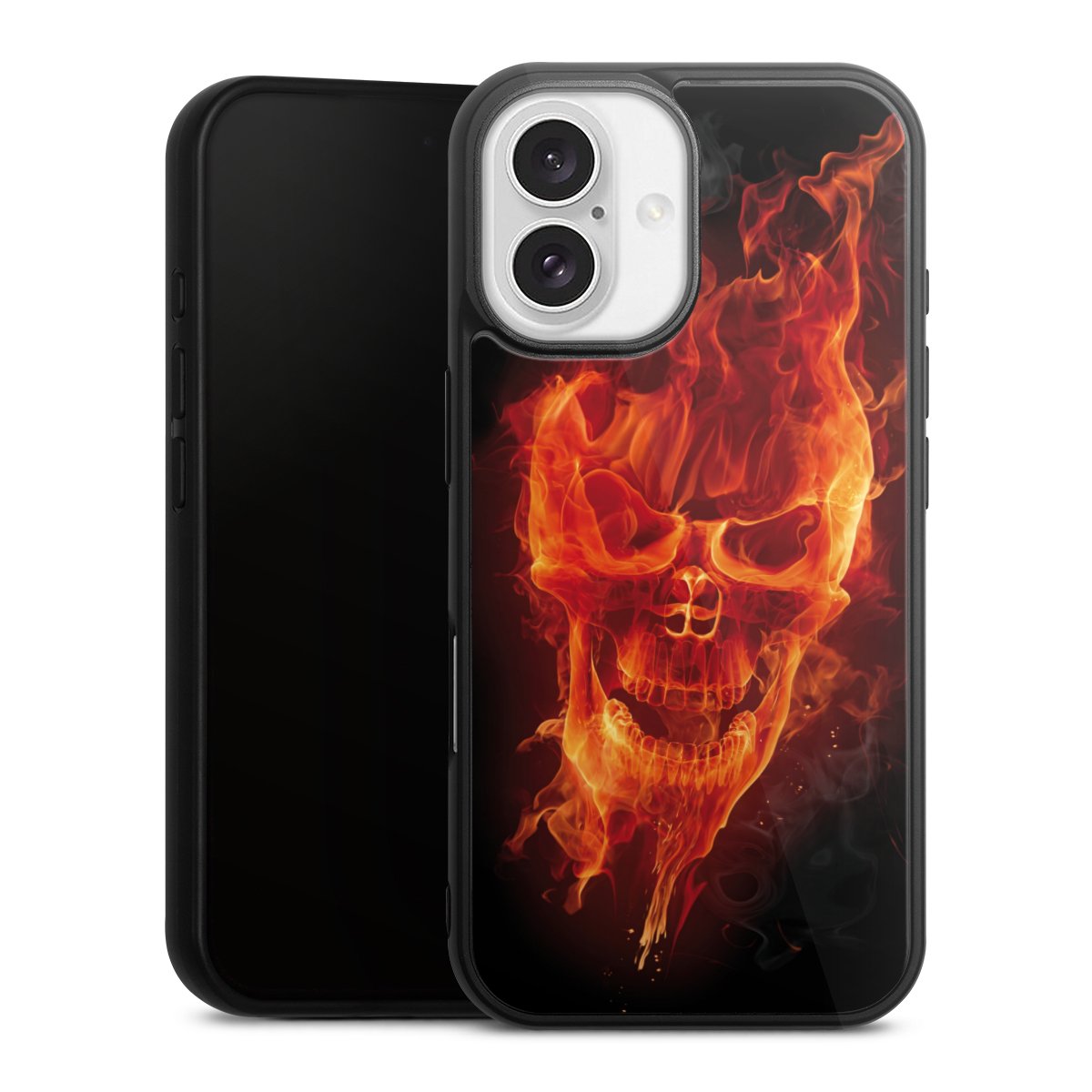 iPhone 16 Handy Gallery Case Handyhülle 9H Gehärtetes Glas Rückseite Hülle Totenkopf Skull Fire Gallery Case