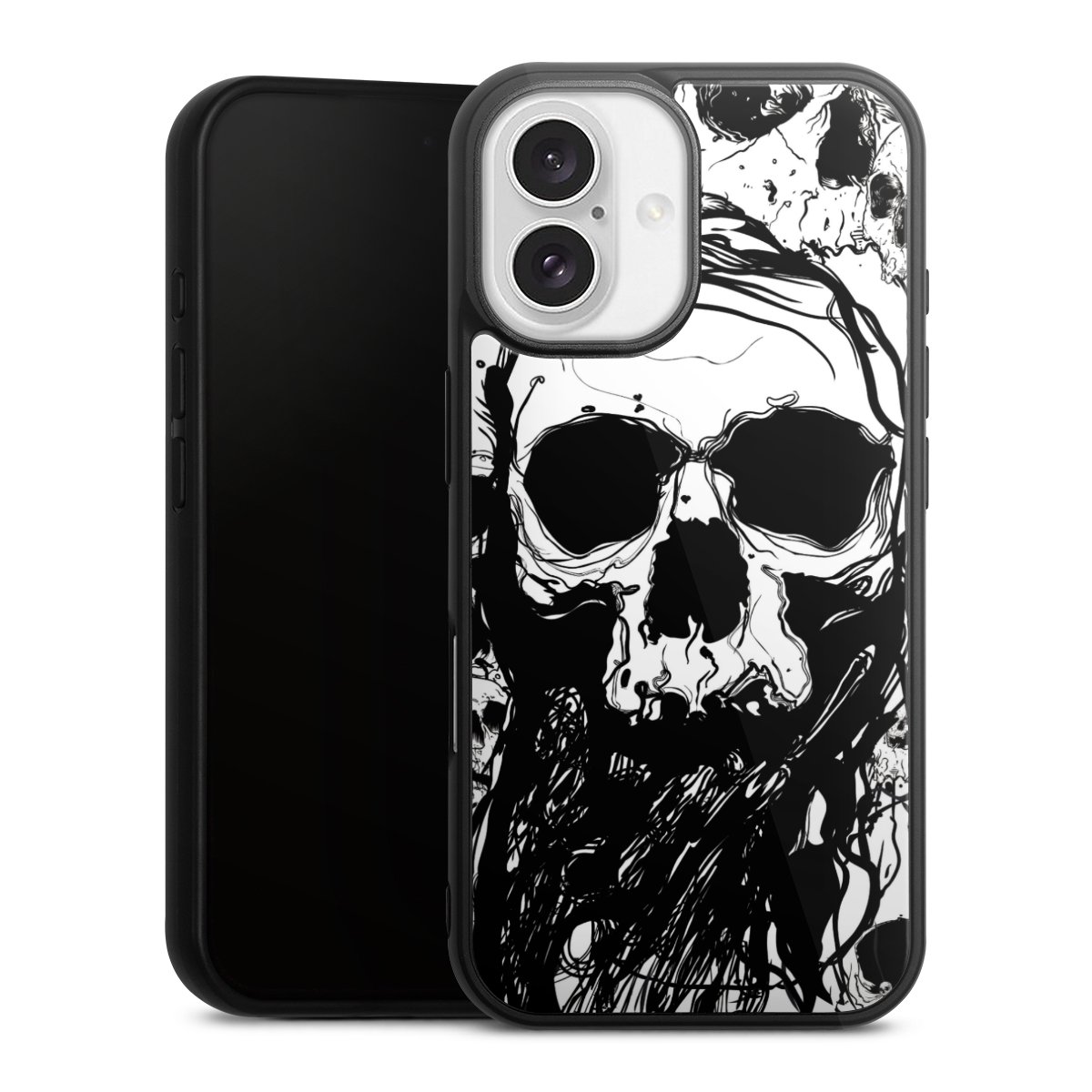 iPhone 16 Handy Gallery Case Handyhülle 9H Gehärtetes Glas Rückseite Hülle Totenkopf Halloween Gallery Case