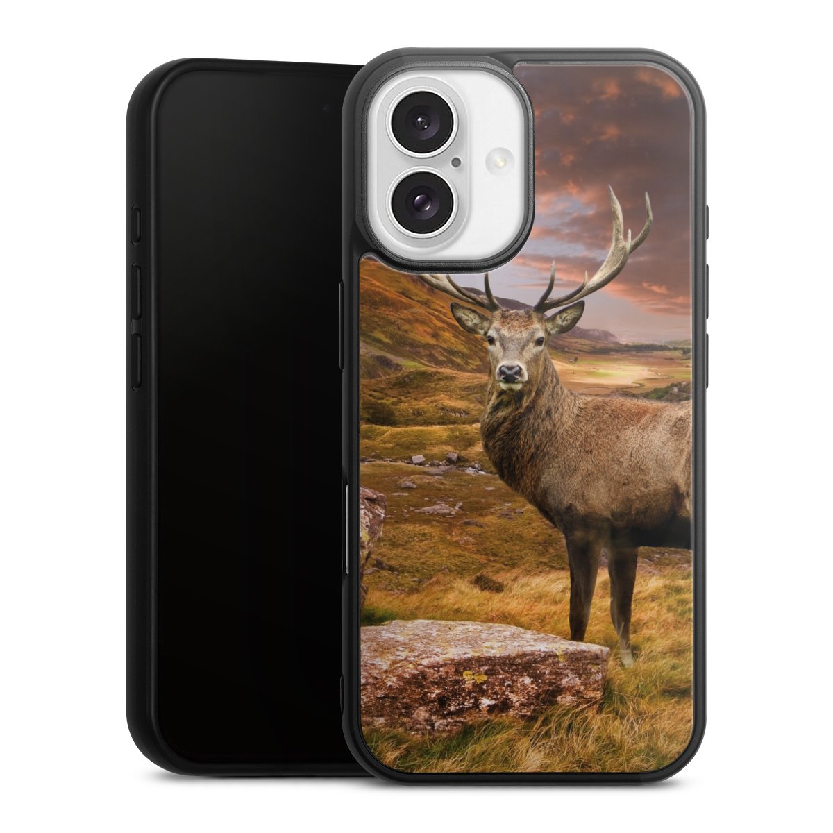 iPhone 16 Handy Gallery Case Handyhülle 9H Gehärtetes Glas Rückseite Hülle Meadow Mountain Deer Gallery Case