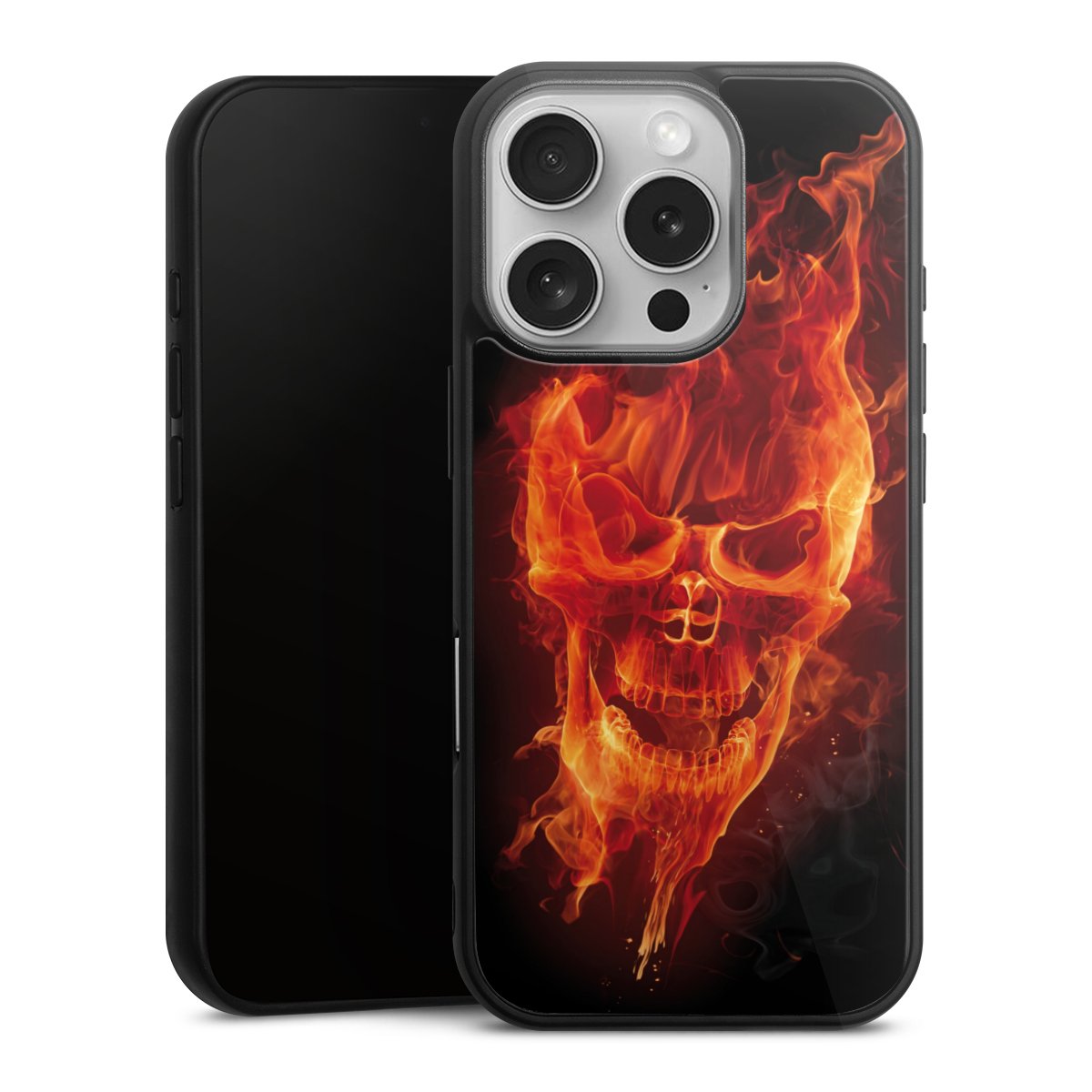 iPhone 16 Pro Handy Gallery Case Handyhülle 9H Gehärtetes Glas Rückseite Hülle Totenkopf Skull Fire Gallery Case