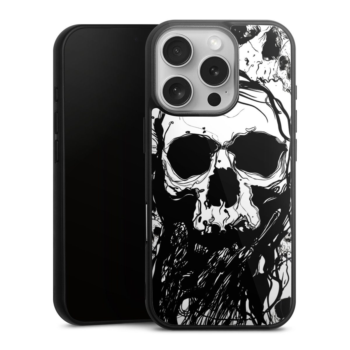 iPhone 16 Pro Handy Gallery Case Handyhülle 9H Gehärtetes Glas Rückseite Hülle Totenkopf Halloween Gallery Case