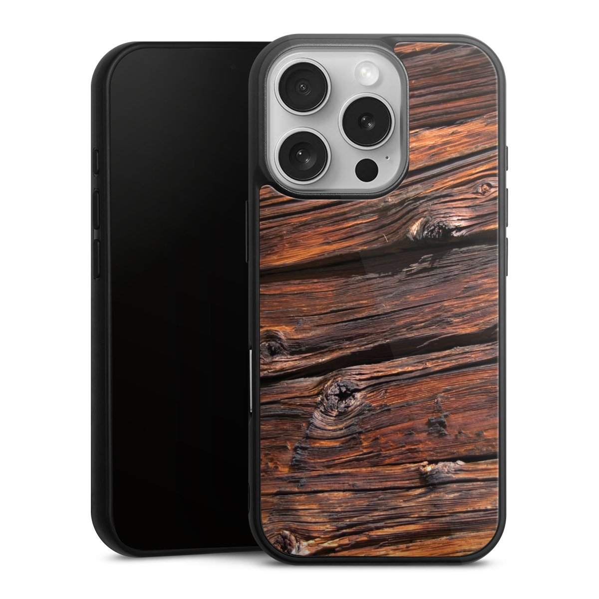 iPhone 16 Pro Handy Gallery Case Handyhülle 9H Gehärtetes Glas Rückseite Hülle Beams Wooden Look Wood Gallery Case