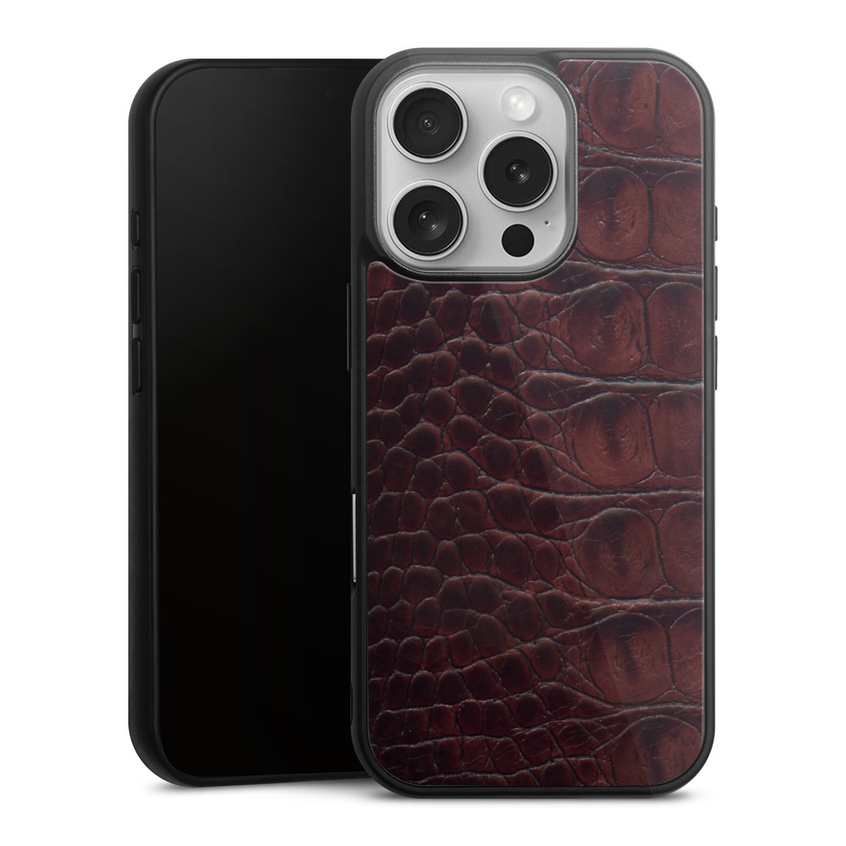 iPhone 16 Pro Handy Gallery Case Handyhülle 9H Gehärtetes Glas Rückseite Hülle Crocodile Animal Print Leather Gallery Case