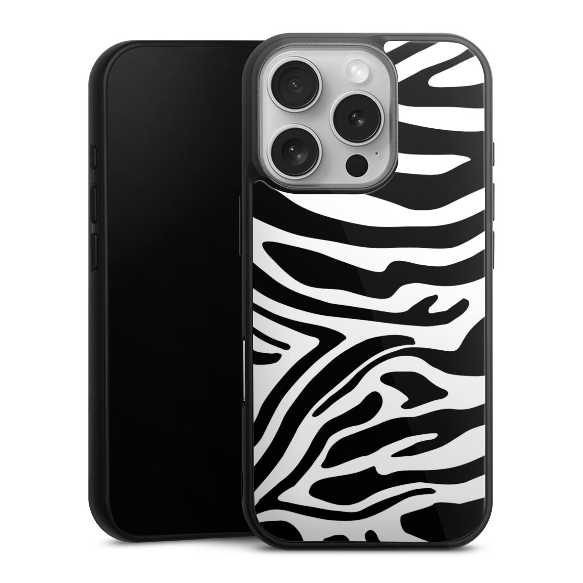 iPhone 16 Pro Handy Gallery Case Handyhülle 9H Gehärtetes Glas Rückseite Hülle Zebra Animal Look Animal Print Gallery Case