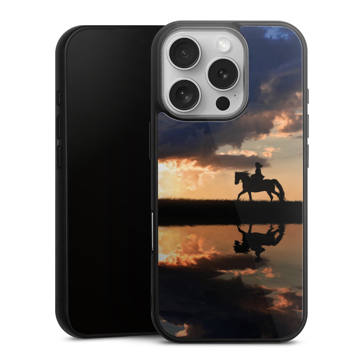 iPhone 16 Pro Handy Gallery Case Handyhülle 9H Gehärtetes Glas Rückseite Hülle Horse Sunset Horseback Riding Gallery Case