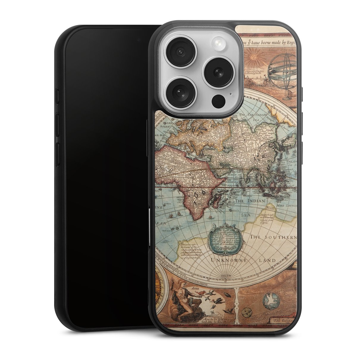 iPhone 16 Pro Handy Gallery Case Handyhülle 9H Gehärtetes Glas Rückseite Hülle World Map Vintage Map Gallery Case