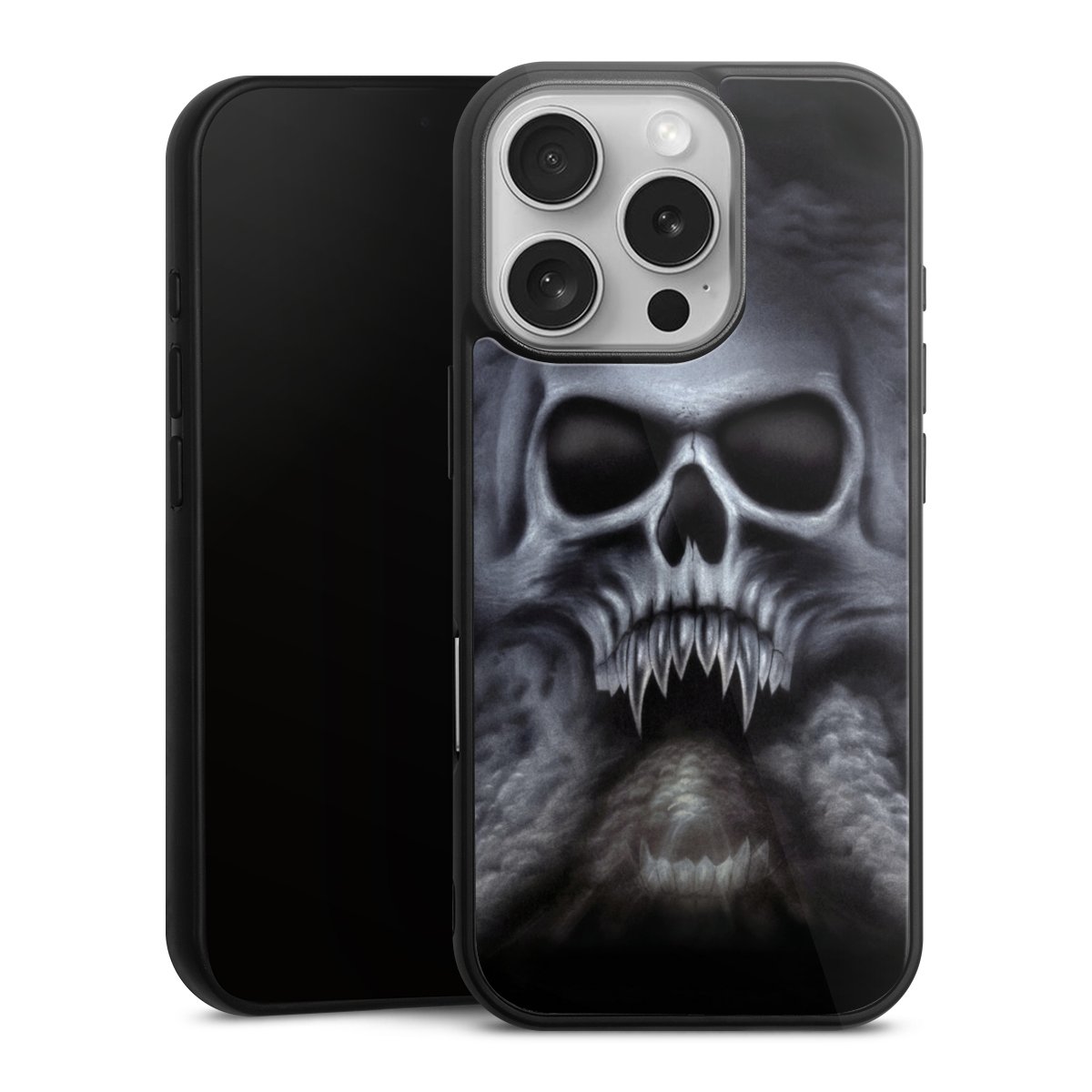 iPhone 16 Pro Handy Gallery Case Handyhülle 9H Gehärtetes Glas Rückseite Hülle Totenkopf Skull Gallery Case