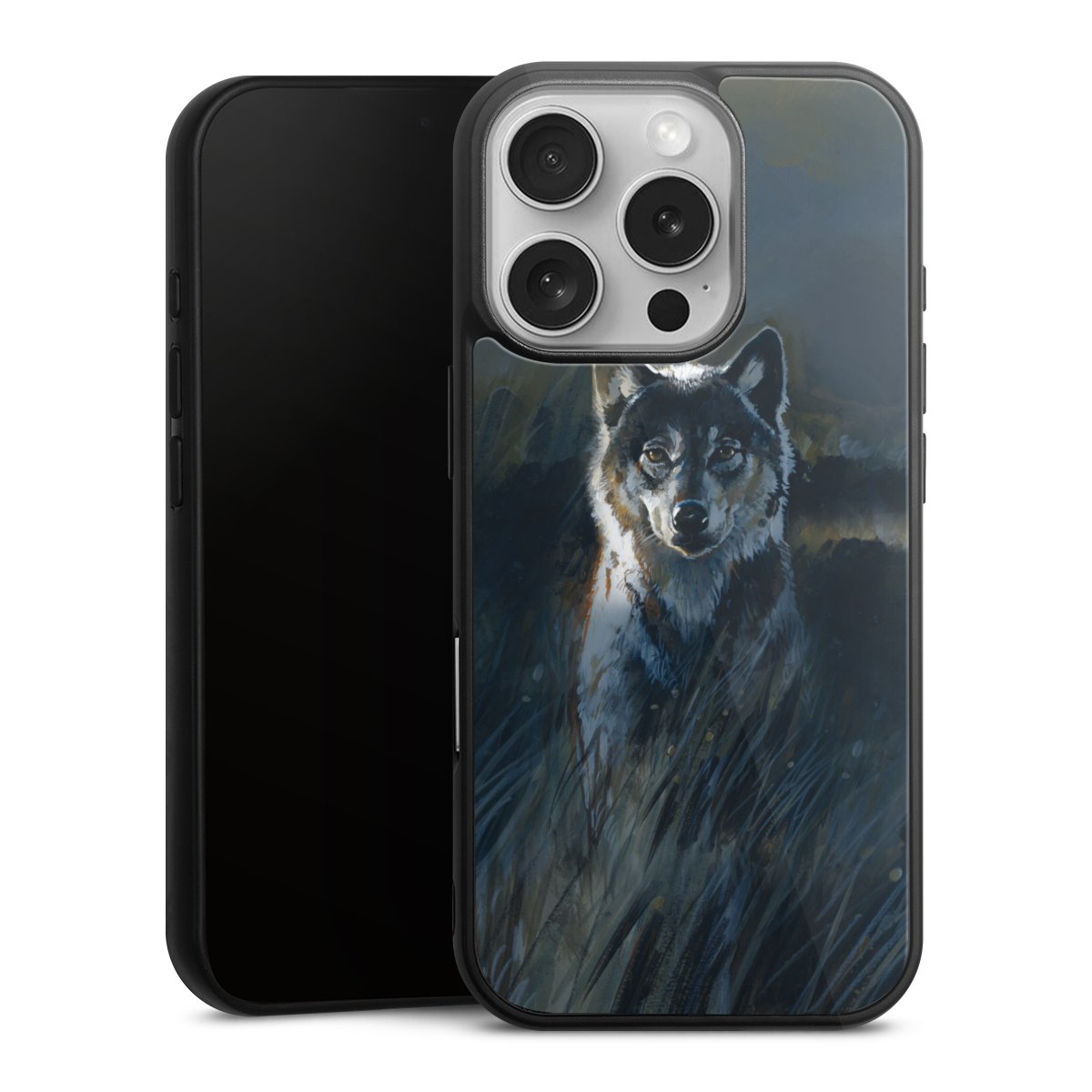 iPhone 16 Pro Handy Gallery Case Handyhülle 9H Gehärtetes Glas Rückseite Hülle Nature Wolf Painting Gallery Case