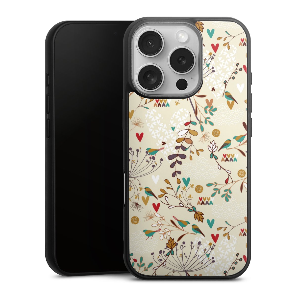 iPhone 16 Pro Handy Gallery Case Handyhülle 9H Gehärtetes Glas Rückseite Hülle Bird Flowers Retro Gallery Case