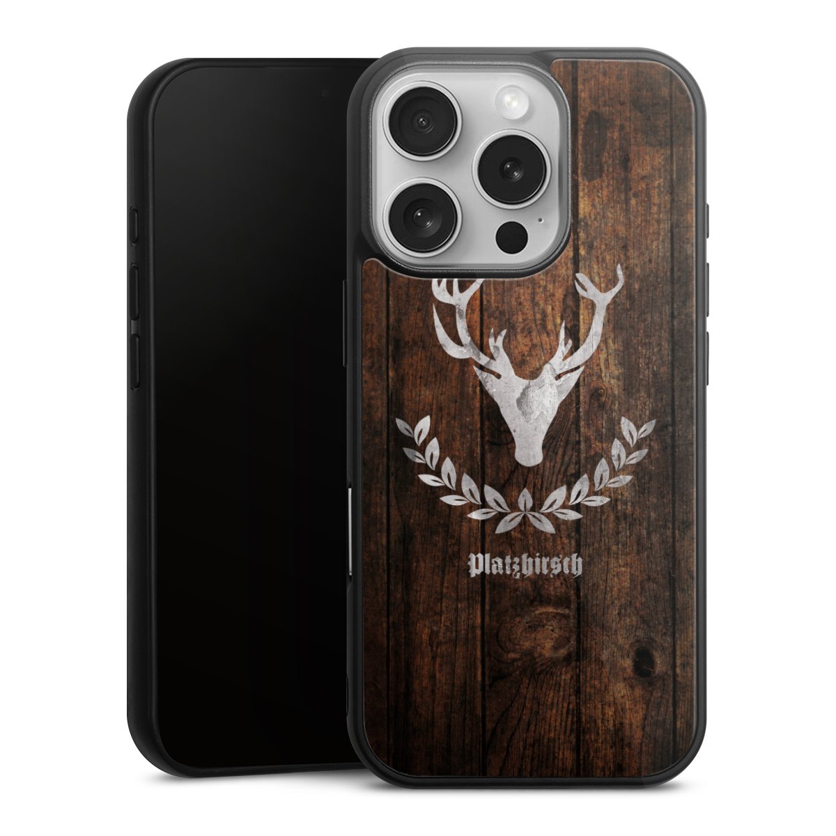 iPhone 16 Pro Handy Gallery Case Handyhülle 9H Gehärtetes Glas Rückseite Hülle Deer Wood Wooden Look Gallery Case