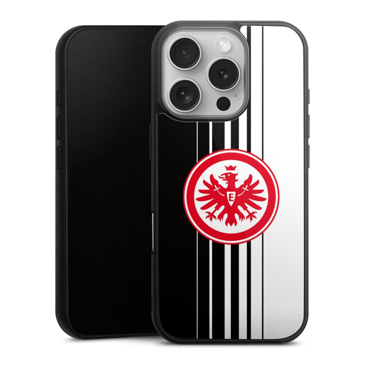 iPhone 16 Pro Handy Gallery Case Handyhülle 9H Gehärtetes Glas Rückseite Hülle Stripes Eintracht Frankfurt Official Licensed Product Gallery Case