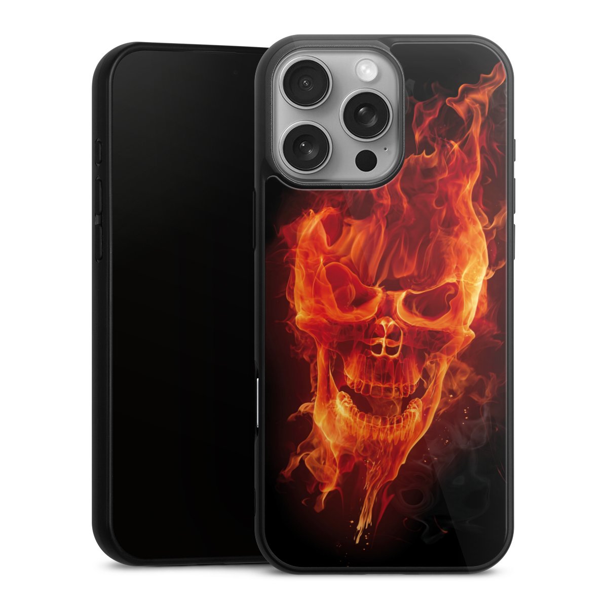 iPhone 16 Pro Max Handy Gallery Case Handyhülle 9H Gehärtetes Glas Rückseite Hülle Totenkopf Skull Fire Gallery Case