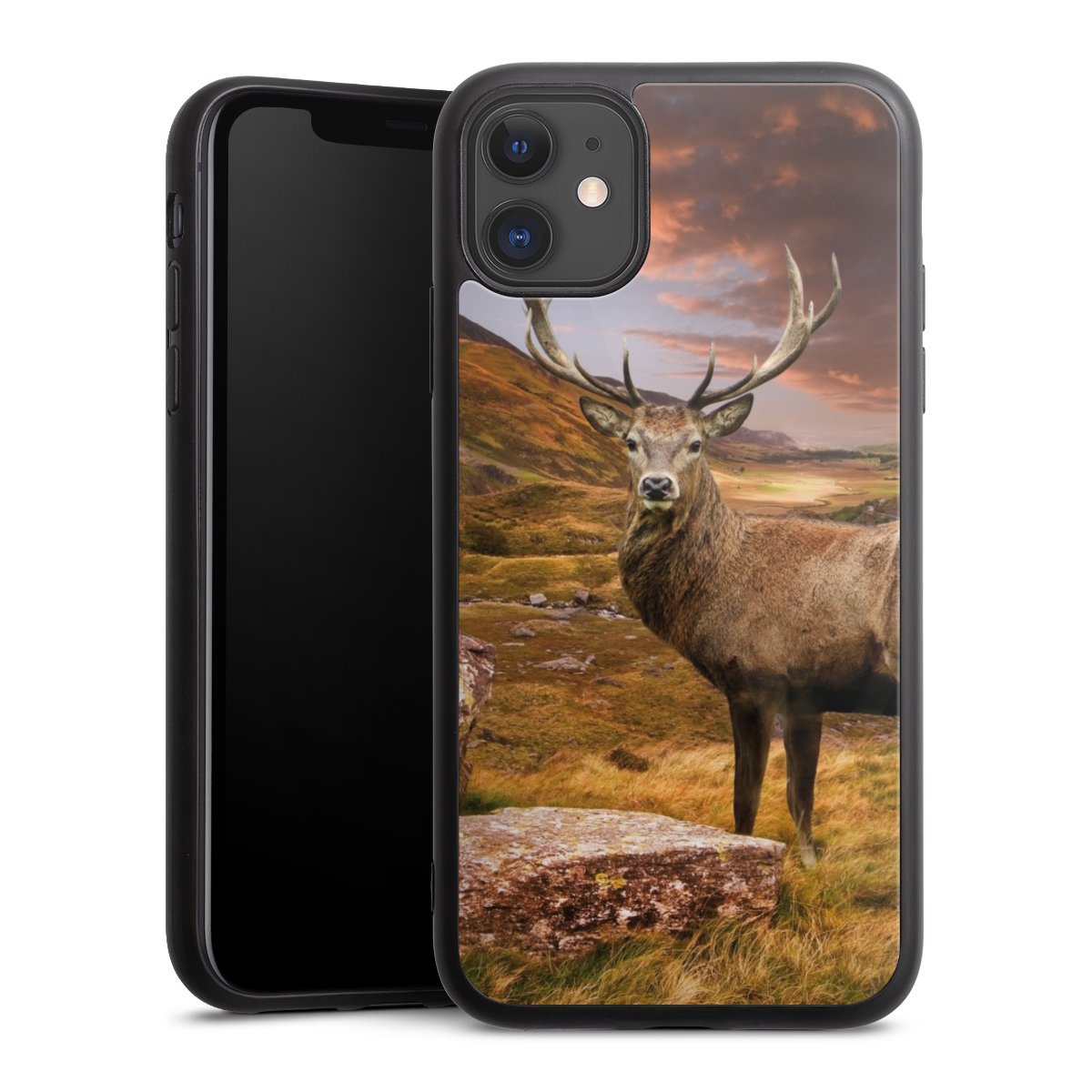 iPhone 11 Handy Gallery Case Handyhülle 9H Gehärtetes Glas Rückseite Hülle Meadow Mountain Deer Gallery Case