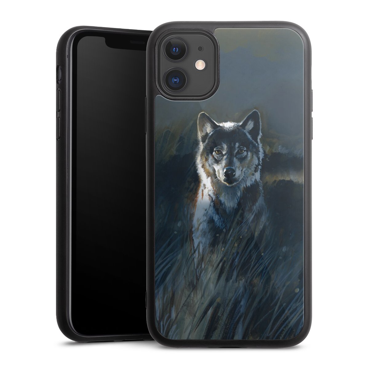 iPhone 11 Handy Gallery Case Handyhülle 9H Gehärtetes Glas Rückseite Hülle Nature Wolf Painting Gallery Case