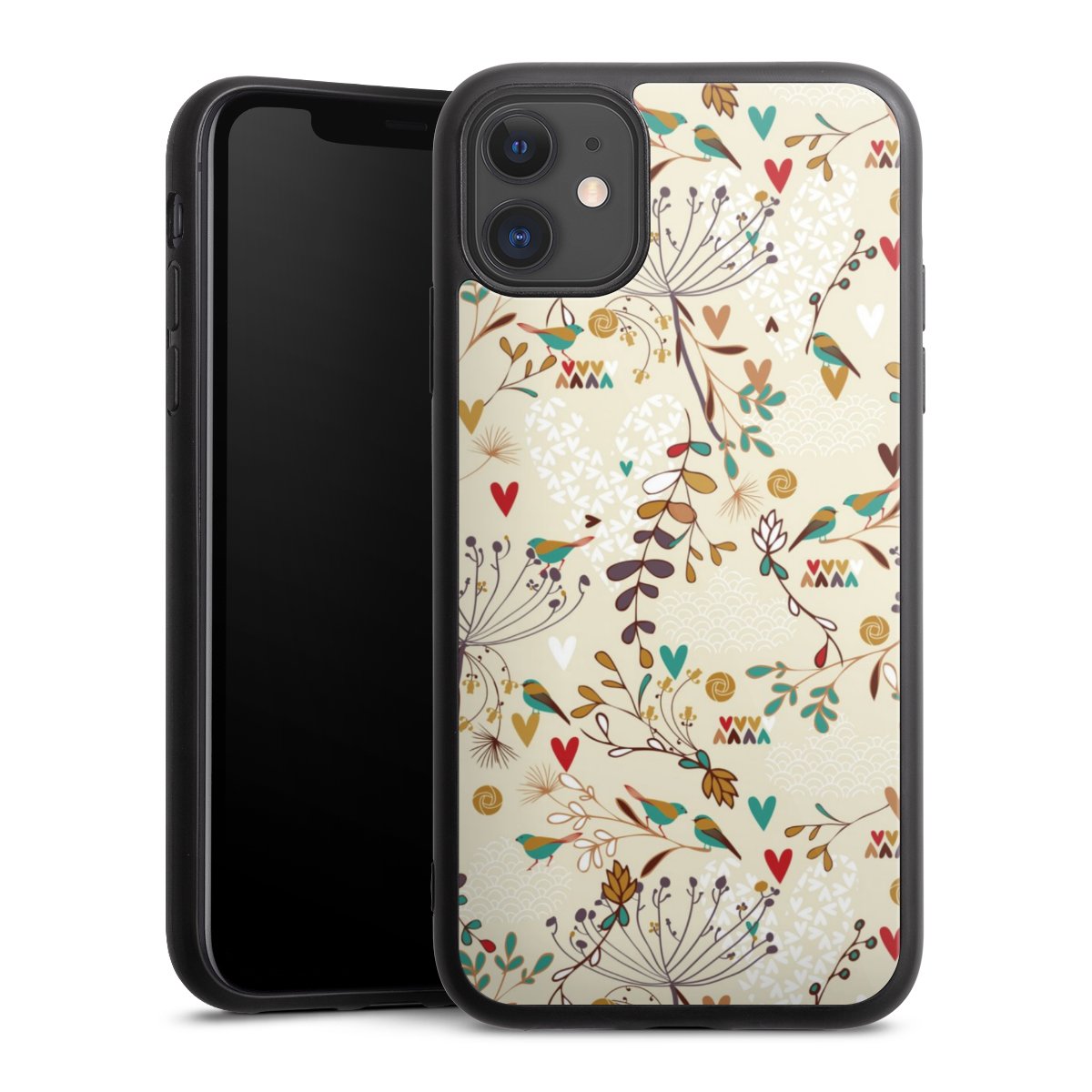 iPhone 11 Handy Gallery Case Handyhülle 9H Gehärtetes Glas Rückseite Hülle Bird Flowers Retro Gallery Case