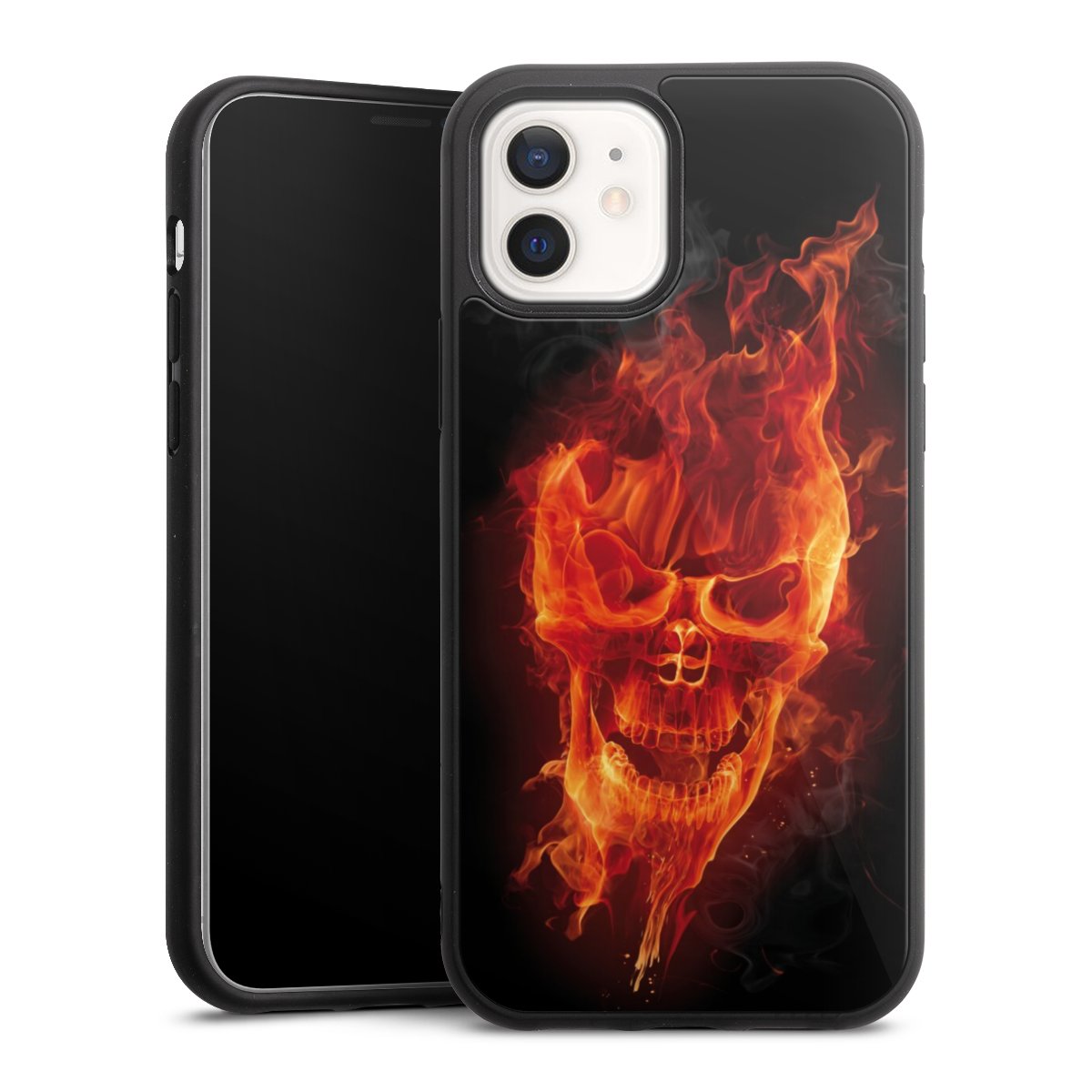 iPhone 12 Handy Gallery Case Handyhülle 9H Gehärtetes Glas Rückseite Hülle Totenkopf Skull Fire Gallery Case