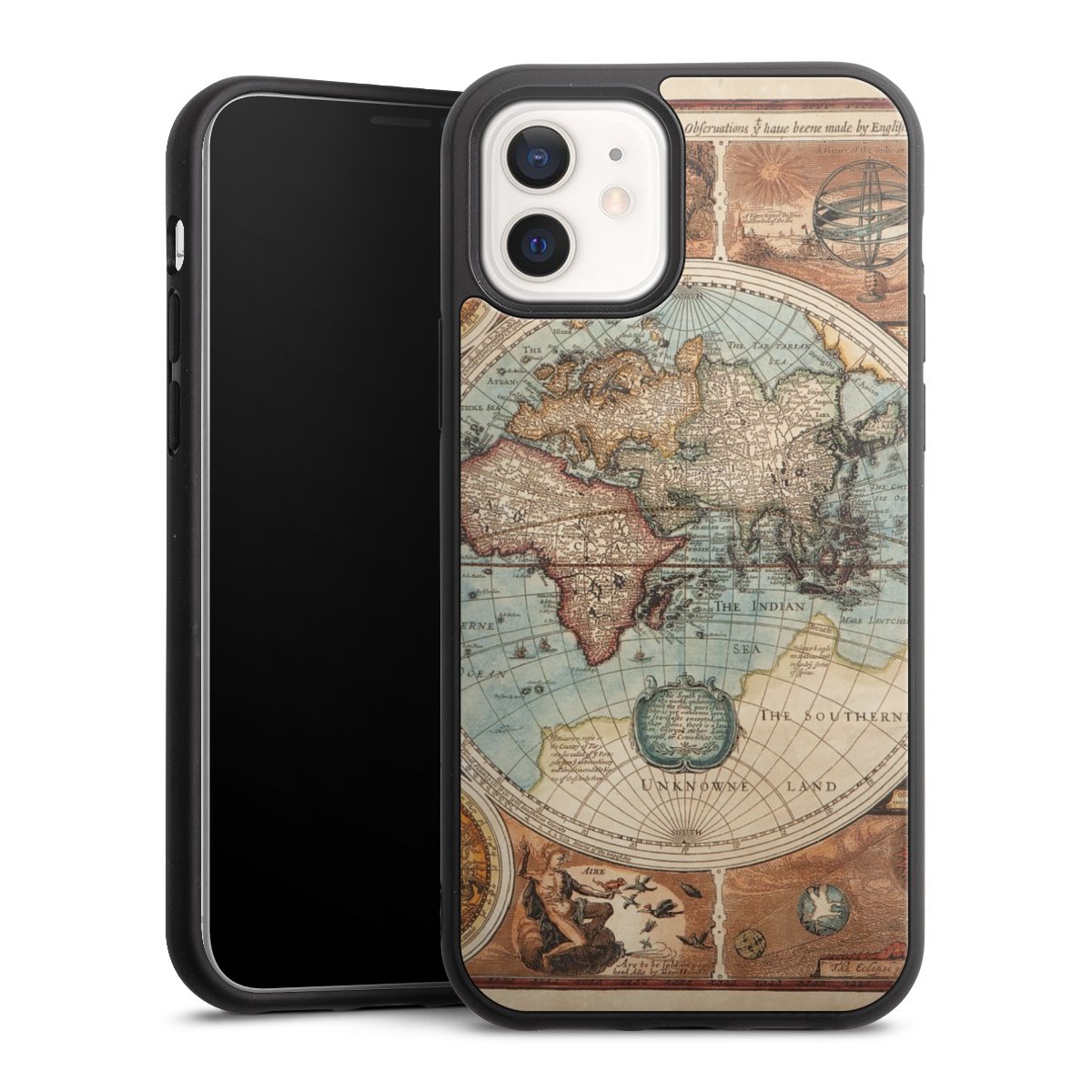 iPhone 12 Handy Gallery Case Handyhülle 9H Gehärtetes Glas Rückseite Hülle World Map Vintage Map Gallery Case