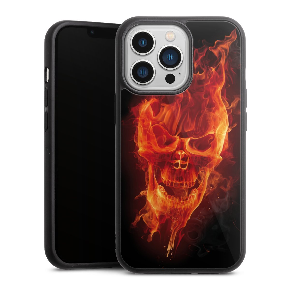 iPhone 13 Pro Handy Gallery Case Handyhülle 9H Gehärtetes Glas Rückseite Hülle Totenkopf Skull Fire Gallery Case