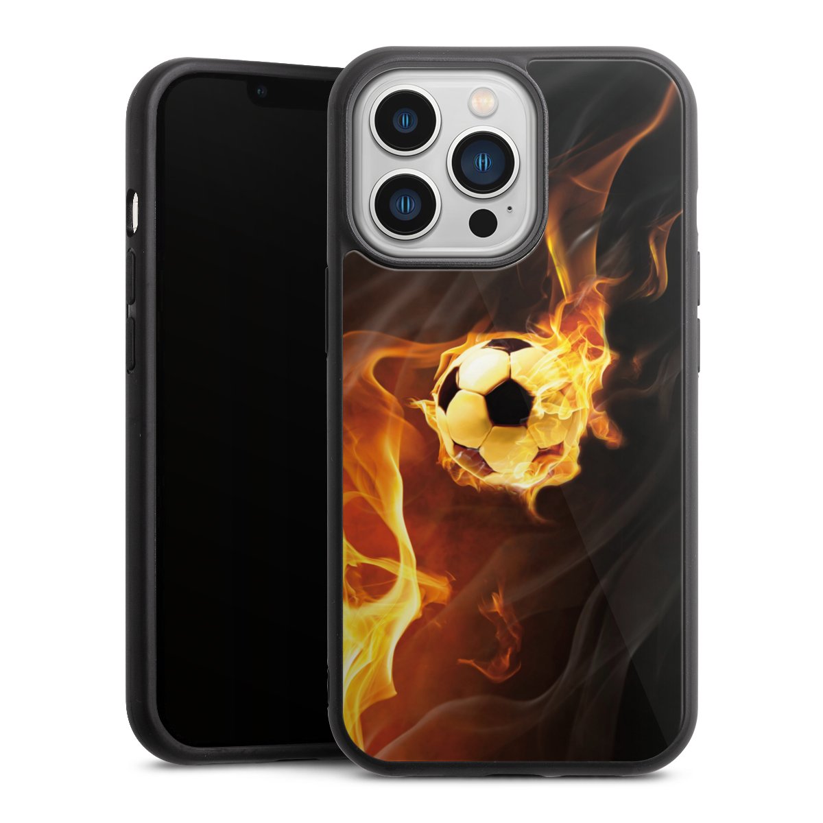 iPhone 13 Pro Handy Gallery Case Handyhülle 9H Gehärtetes Glas Rückseite Hülle Ball Fire Soccer Gallery Case