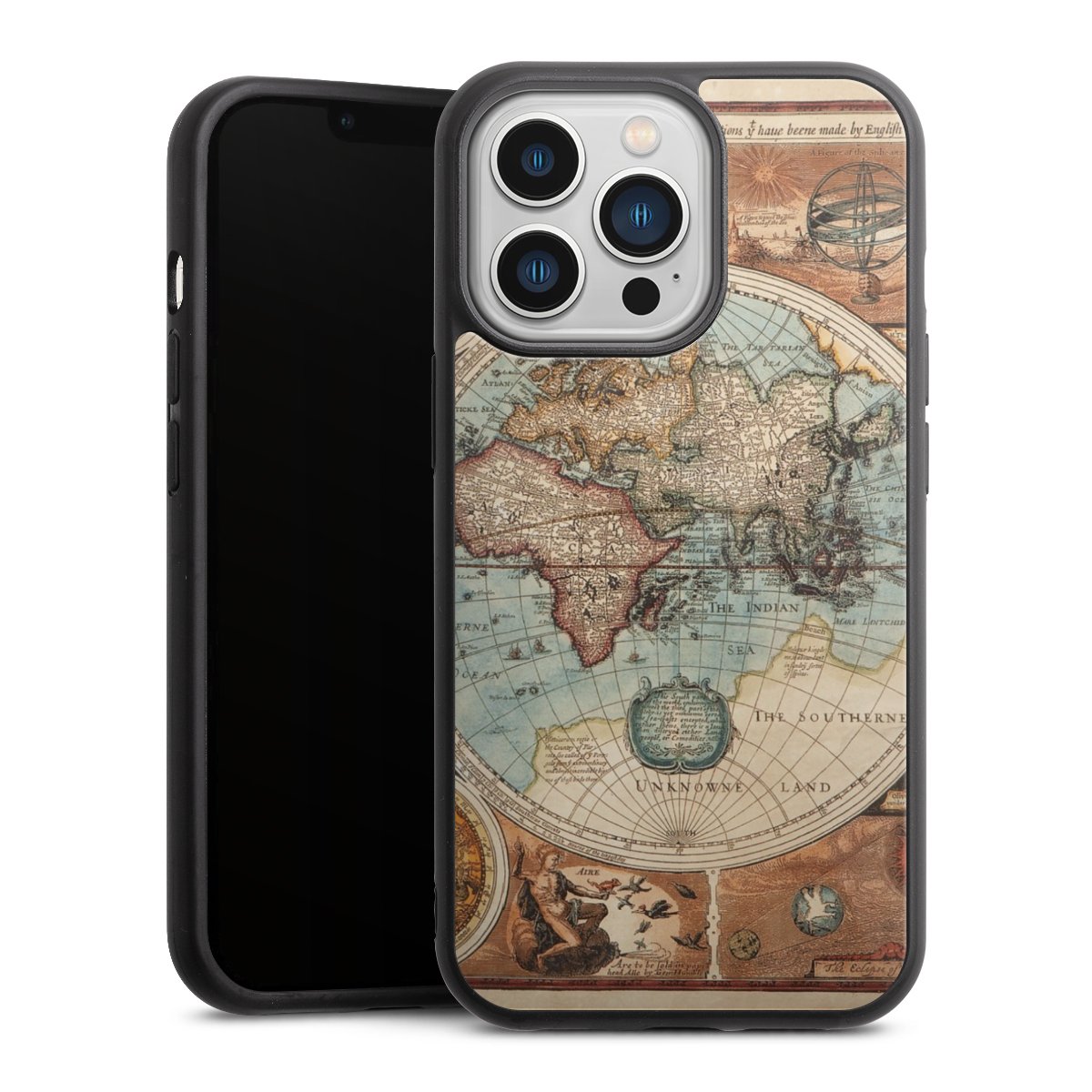 iPhone 13 Pro Handy Gallery Case Handyhülle 9H Gehärtetes Glas Rückseite Hülle World Map Vintage Map Gallery Case