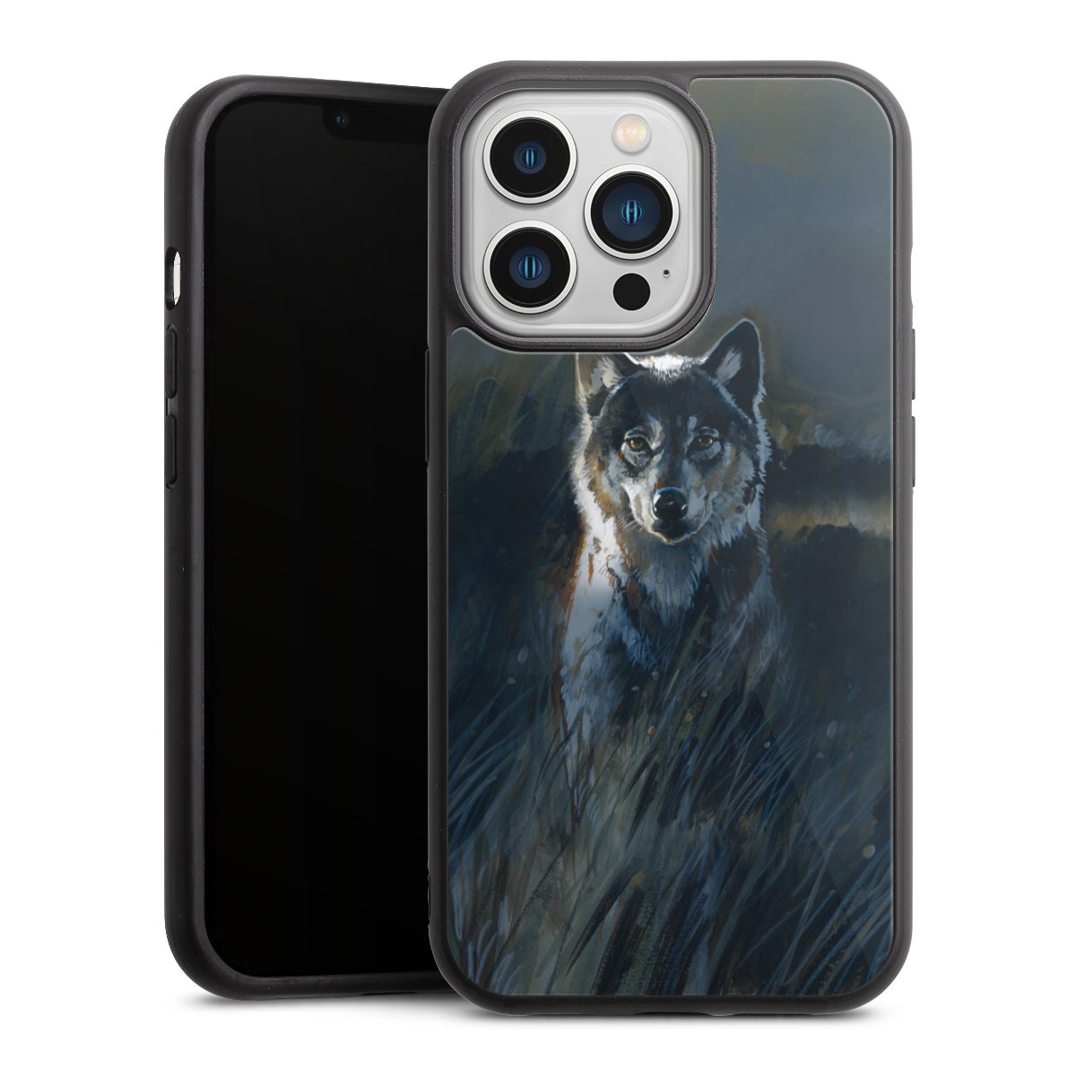 iPhone 13 Pro Handy Gallery Case Handyhülle 9H Gehärtetes Glas Rückseite Hülle Nature Wolf Painting Gallery Case