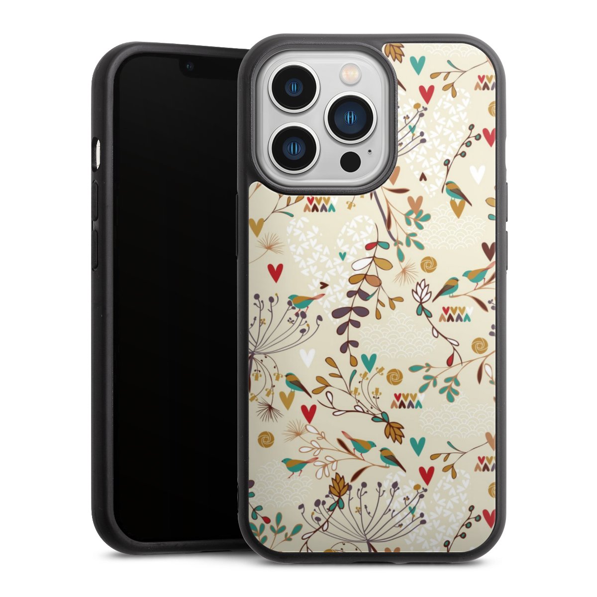 iPhone 13 Pro Handy Gallery Case Handyhülle 9H Gehärtetes Glas Rückseite Hülle Bird Flowers Retro Gallery Case