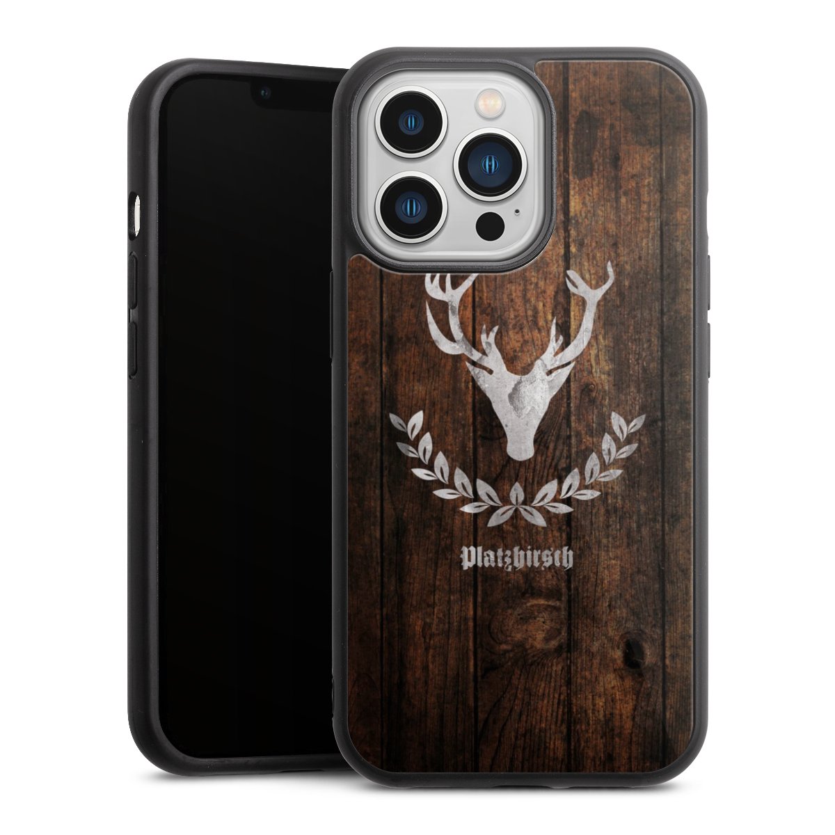 iPhone 13 Pro Handy Gallery Case Handyhülle 9H Gehärtetes Glas Rückseite Hülle Deer Wood Wooden Look Gallery Case