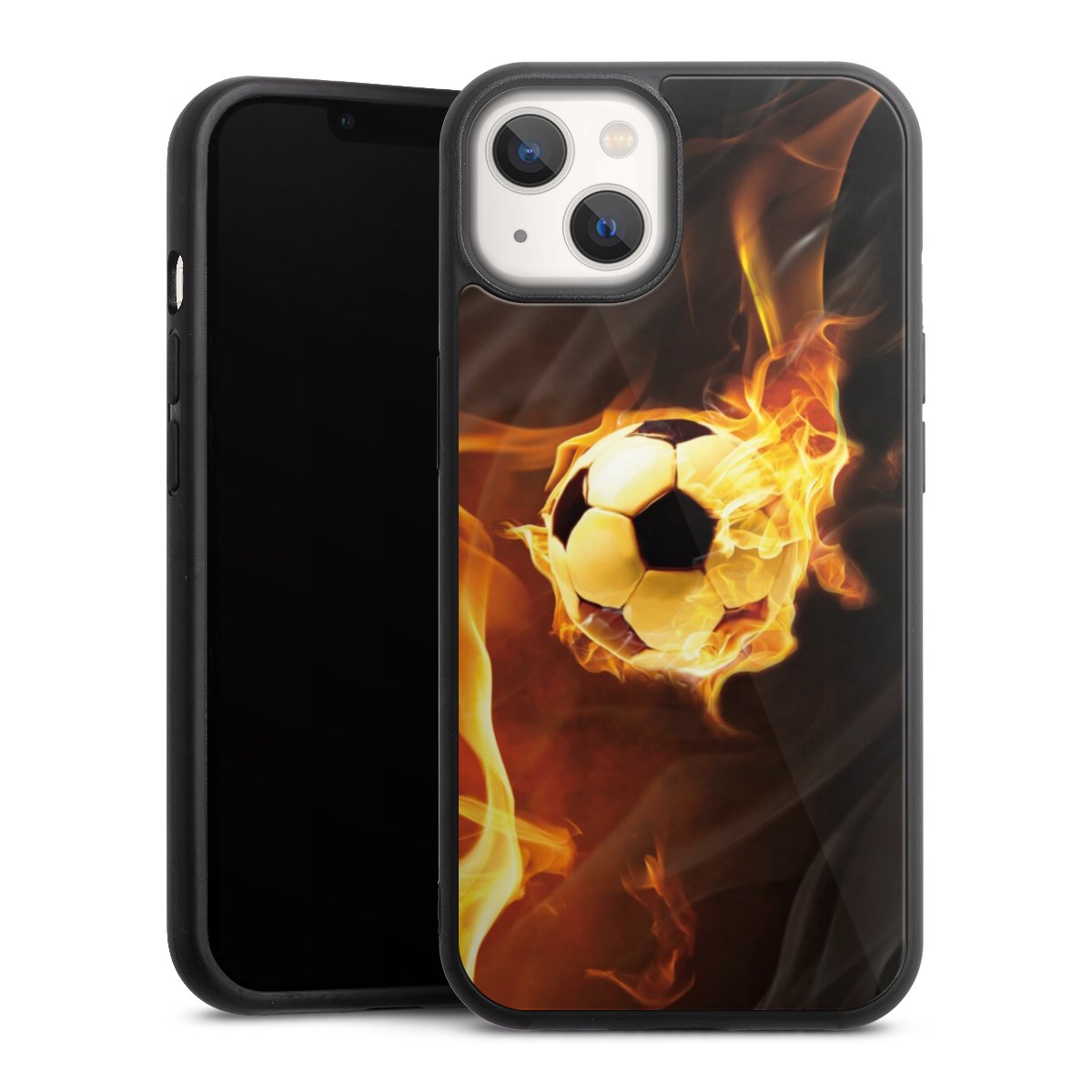 iPhone 13 Handy Gallery Case Handyhülle 9H Gehärtetes Glas Rückseite Hülle Ball Fire Soccer Gallery Case