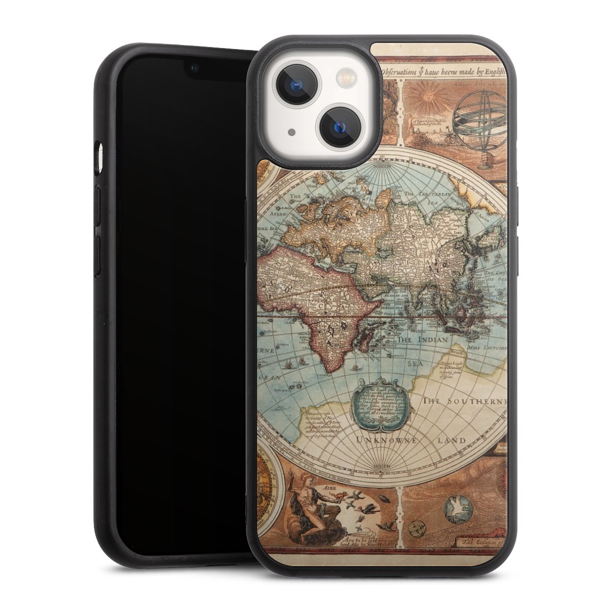 iPhone 13 Handy Gallery Case Handyhülle 9H Gehärtetes Glas Rückseite Hülle World Map Vintage Map Gallery Case