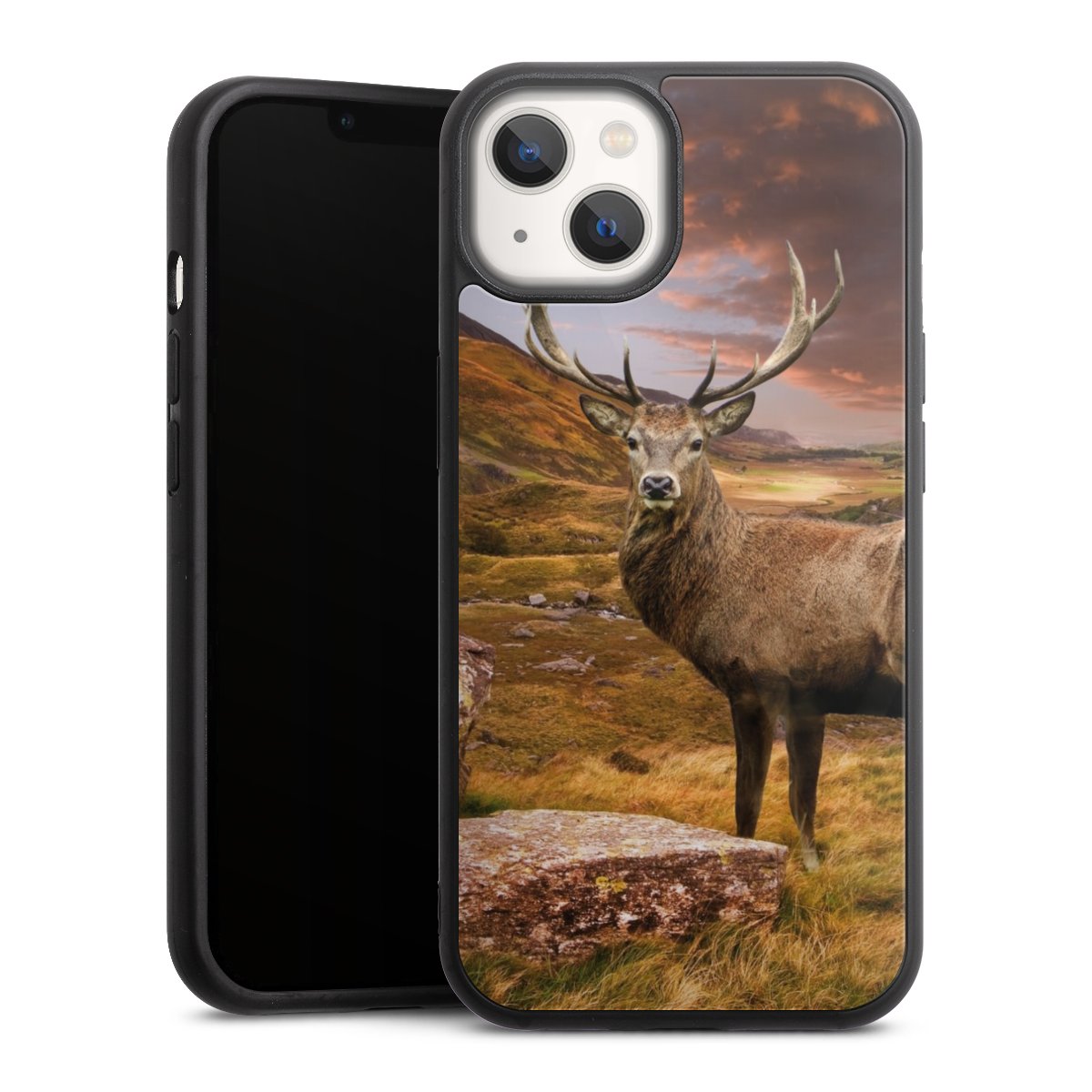 iPhone 13 Handy Gallery Case Handyhülle 9H Gehärtetes Glas Rückseite Hülle Meadow Mountain Deer Gallery Case