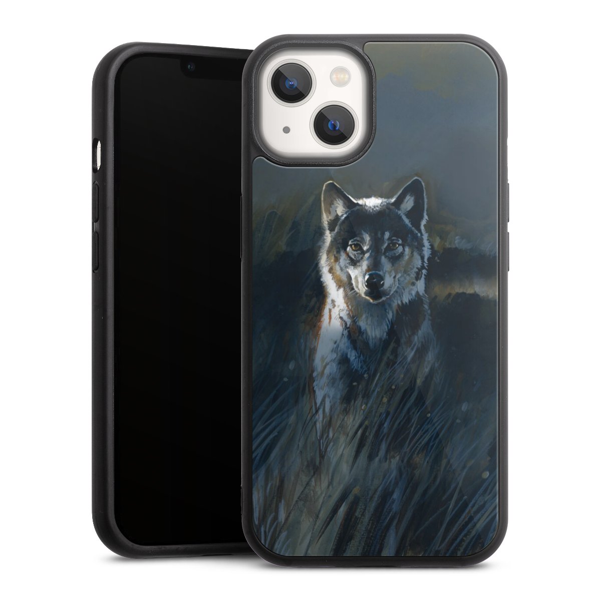 iPhone 13 Handy Gallery Case Handyhülle 9H Gehärtetes Glas Rückseite Hülle Nature Wolf Painting Gallery Case