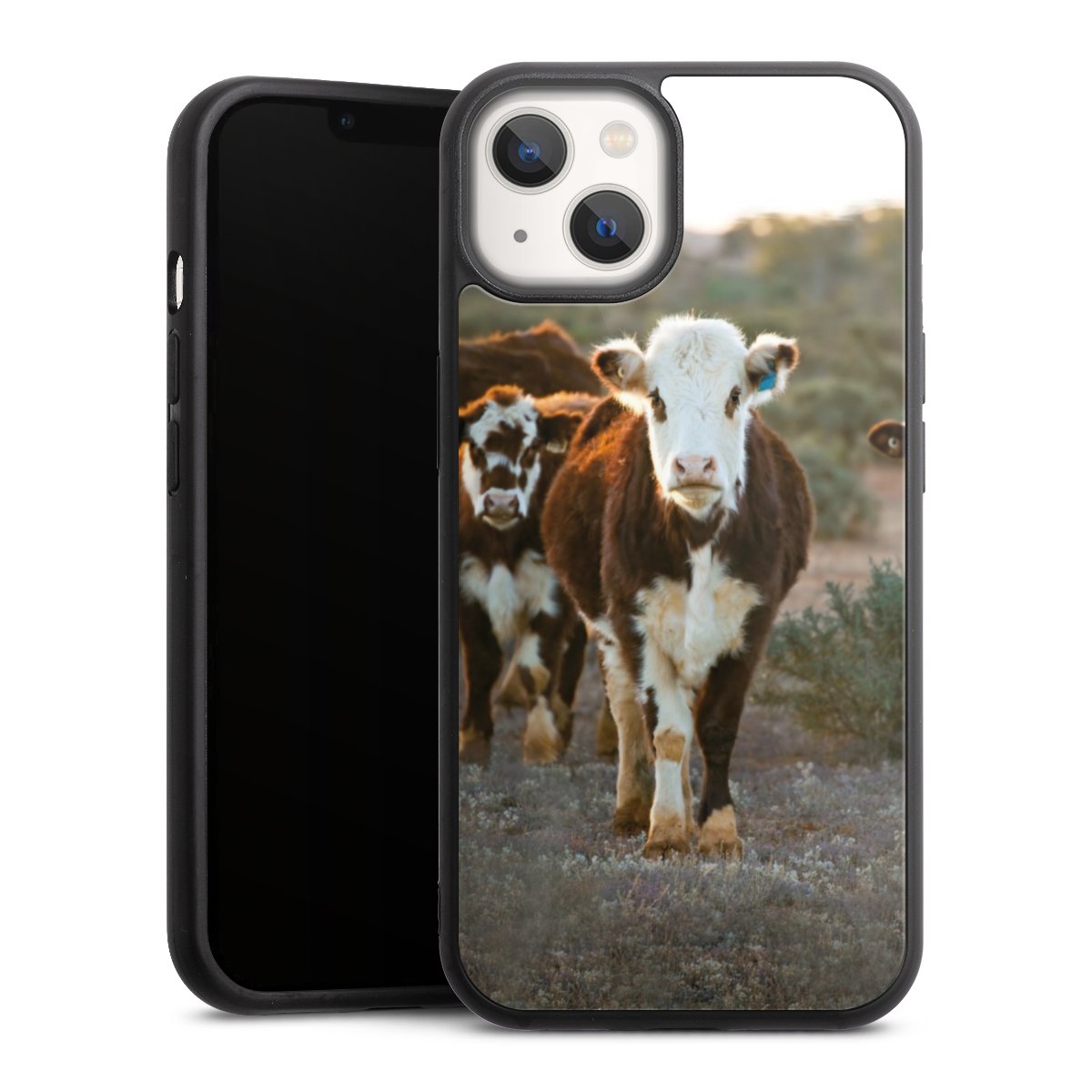 iPhone 13 Handy Gallery Case Handyhülle 9H Gehärtetes Glas Rückseite Hülle Cow Farmer Calf Gallery Case