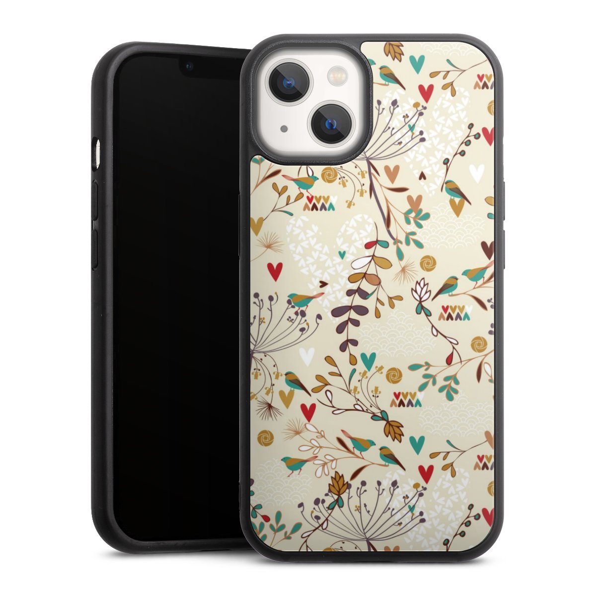 iPhone 13 Handy Gallery Case Handyhülle 9H Gehärtetes Glas Rückseite Hülle Bird Flowers Retro Gallery Case