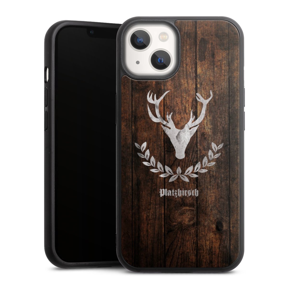 iPhone 13 Handy Gallery Case Handyhülle 9H Gehärtetes Glas Rückseite Hülle Deer Wood Wooden Look Gallery Case