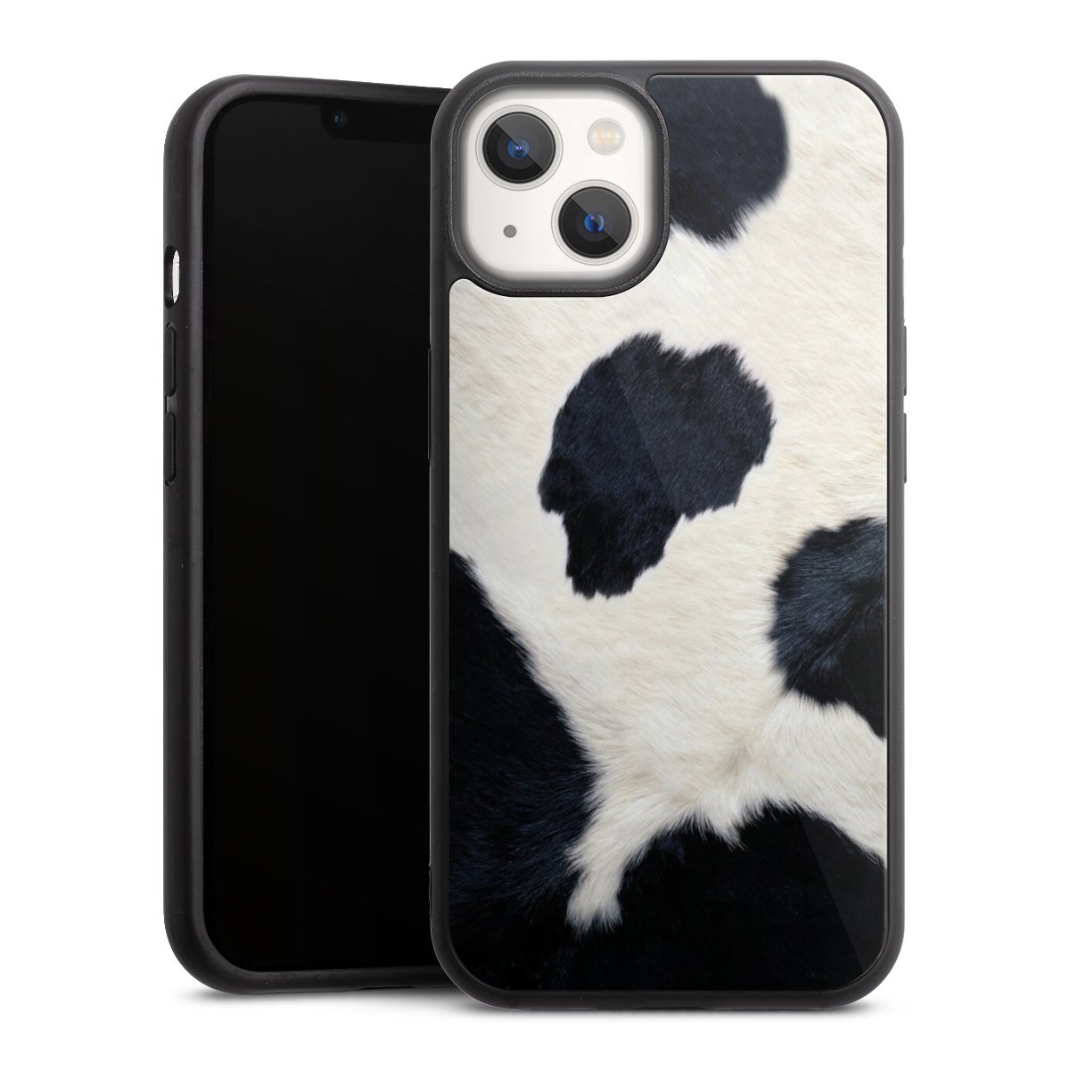 iPhone 13 Handy Gallery Case Handyhülle 9H Gehärtetes Glas Rückseite Hülle Animal Look Animal Print Cow Skin Gallery Case