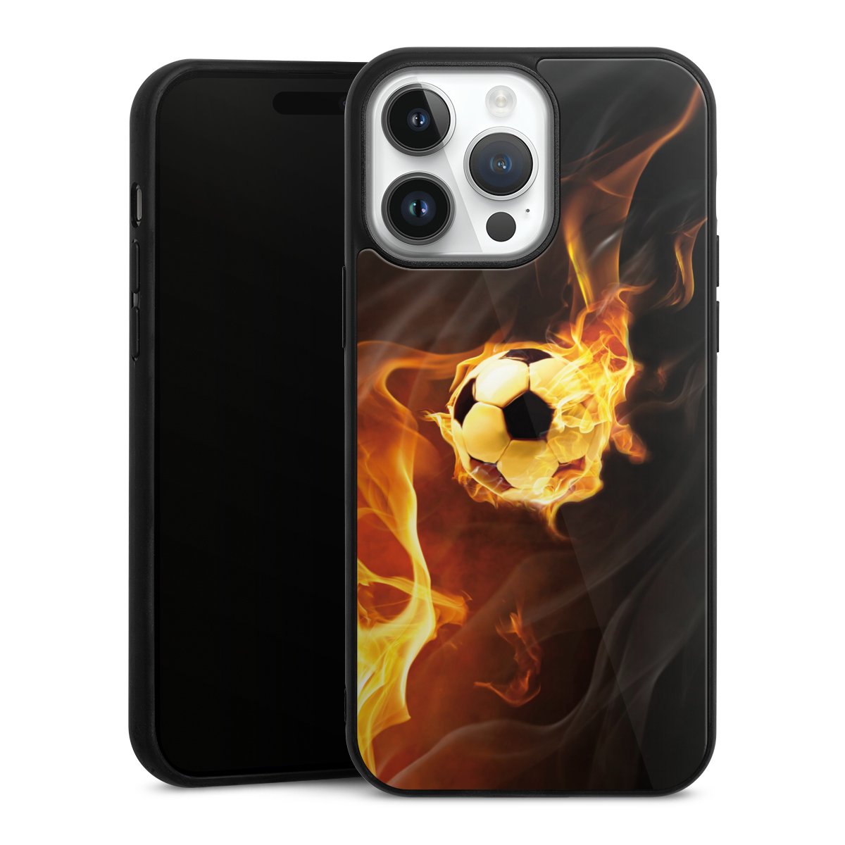 iPhone 14 Pro Max Handy Gallery Case Handyhülle 9H Gehärtetes Glas Rückseite Hülle Ball Fire Soccer Gallery Case