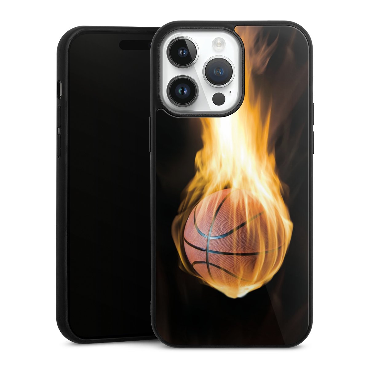 iPhone 14 Pro Max Handy Gallery Case Handyhülle 9H Gehärtetes Glas Rückseite Hülle Basketball Sports Fire Gallery Case