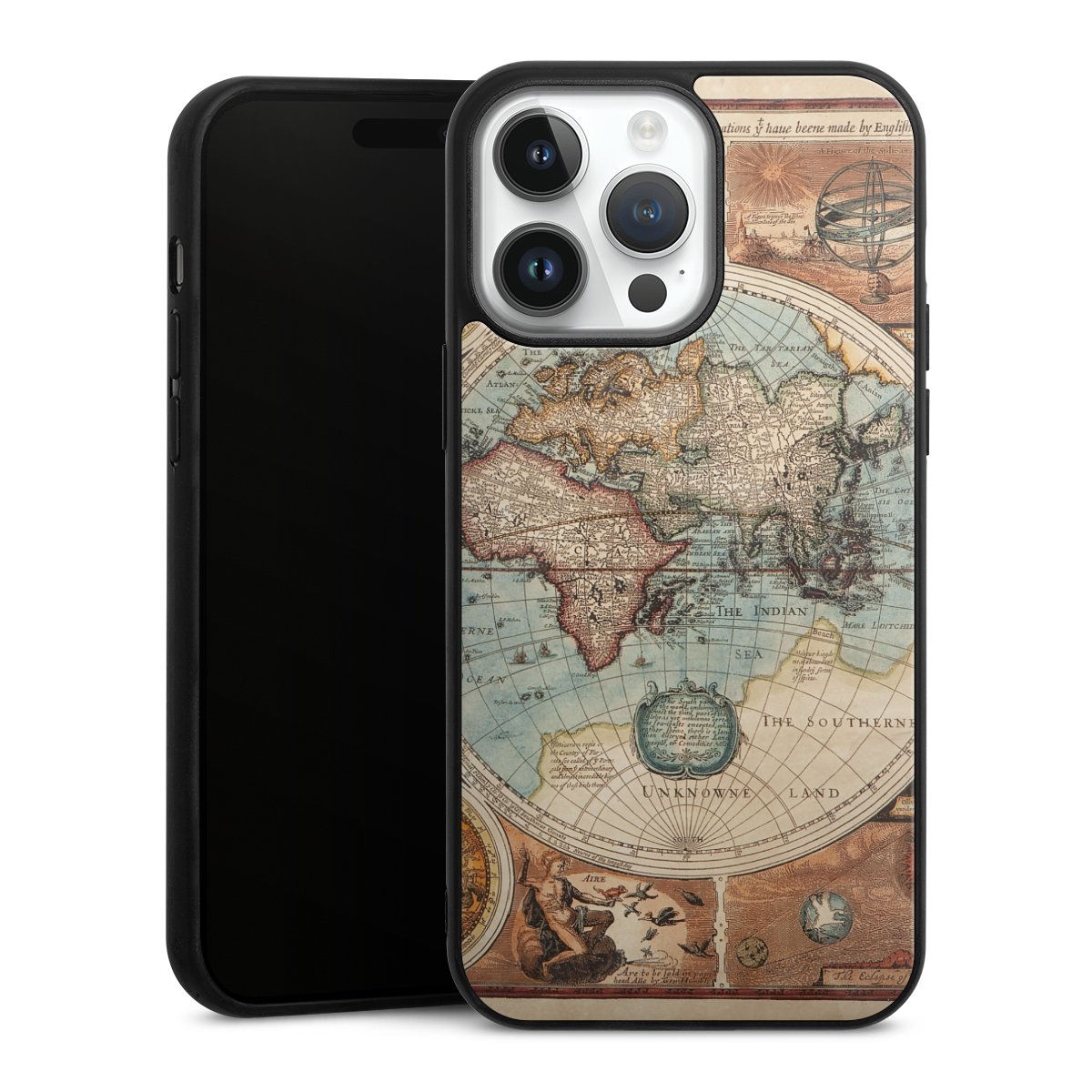 iPhone 14 Pro Max Handy Gallery Case Handyhülle 9H Gehärtetes Glas Rückseite Hülle World Map Vintage Map Gallery Case